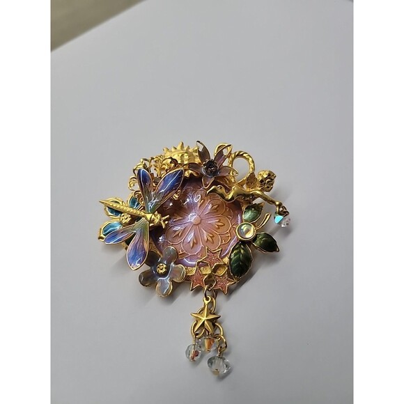 Kirks Folly Jewelry - Vintage Kirks Folly Fairy Dragonfly Garden Brooch Iridescent Medallion Retired